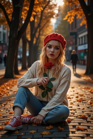 A whimsical, romantic portrait photograph showcases a young woman seated on a cobblestone path in an autumn setting. She wears a vibrant red knitted beret with a chunky texture, an oversized cream-colored cable-knit sweater with visible stitching and over-sized sleeves, light blue rolled-up jeans, and bright red sneakers with white laces. Her long, wavy platinum blonde hair cascades over her shoulders, framing her large, expressive blue eyes accentuated by thick, dark eyelashes, prominent cheekbones, and bold red lipstick. She holds a single deep red rose with dark green leaves against her body, its vibrant color contrasting beautifully with her outfit. Her legs are crossed, with her right hand gently holding her ankle while her left hand rests on her knee. The scene is set along a tree-lined path during autumn, with fallen leaves scattered on the ground. A warm, golden sunlight filters through the trees, creating a soft glow around her head and shoulders, while casting long shadows on the ground. This backlighting enhances the ethereal quality of the scene, creating a halo effect around her hair and face. The background features tall, dark tree trunks with branches adorned with burnt orange and amber yellow foliage, forming a natural corridor that leads the eye towards distant buildings. These urban structures are slightly out of focus, adding depth to the scene. A faint silhouette of another person can be seen walking away in the distance. The overall mood is serene and dreamy, enhanced by the high contrast, rich saturation, and warm hues of the image. The lighting is soft and diffused, contributing to a magical atmosphere with a color palette dominated by warm oranges, reds, and creams. The shallow depth of field keeps the focus on the subject while adding a sense of mystery to the background, creating a captivating and enchanting composition that evokes a fairy-tale-like quality.