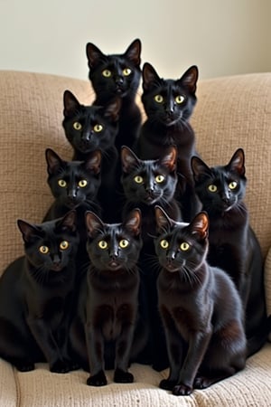 Ten adorable black cats, all doing the same strange pose.