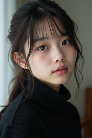 A photorealistic portrait of a cute and pure 20-year-old Japanese girl with pigtails, emphasizing her innocence. She is wearing a black turtleneck sweater, and the focus is on her features and expression. The lighting is soft and natural, perfectly capturing her cuteness and purity, without any background distractions. Created Using: high-resolution photography, soft-focus lens, natural lighting, close-up composition, minimalistic approach, attention to texture and detail on the sweater, purity and innocence highlighted.