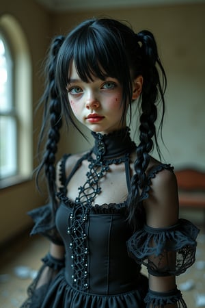 Hyper-realistic image of a young female android with visible mechanical parts.

Severely blurred and distorted photo taken with a very old and broken camera. Intense film grain, heavy noise and severe damage to the image. Graceful but very cold and swollen eyes, dirty and tangled black twin-tailed hair. In a clean and elaborate gothic lolita fashion, wearing a clean and elaborate lace dress, standing in a completely destroyed vintage tea room. Completely unfocused and swollen eyes, totally exhausted and enraged facial expression, very dark and desaturated color palette, minimal light, extremely rough and damaged textures, unconventional fashion photography techniques, extremely high contrast, youthful charm transformed into horrifying, shattered antique furniture, a frightening atmosphere reminiscent of the most disturbing horror manga.