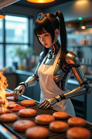 /imagine prompt:A 20-year-old Japanese woman with black twin-tail hair, a delicate body type, with a cute face and a futuristic cyborg body. She is grilling burgers behind the counter of a modern, high-tech hamburger shop. The kitchen is filled with advanced cooking equipment and digital displays. Her cyborg body, with sleek metallic surfaces, is perfectly integrated into the fast-paced environment. The scene is dynamic, with sizzling sounds and glowing screens highlighting the blend of technology and everyday life. Created Using: high-resolution camera, high-tech kitchen, dynamic lighting, futuristic decor, advanced cooking equipment, glowing digital displays, fast-paced action, glibatree prompt