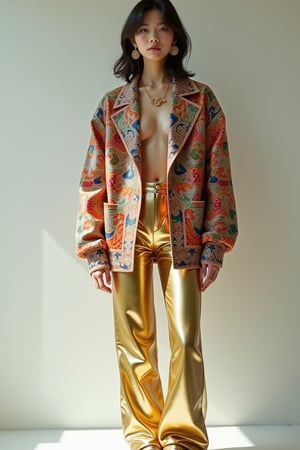 A serene, photorealistic portrait of a 25-year-old Japanese woman, standing tall with arms relaxed at her sides, feet aligned, and direct gaze captivating the viewer. She is dressed in an extravagant, eye-catching ensemble: a vibrant, multi-colored jacket adorned with intricate patterns, paired with metallic gold pants that shimmer under the light. Her accessories include oversized, flashy jewelry that complements the boldness of her outfit. Soft, natural light wraps around her lithe form, accentuating curves and lines. The uncluttered background subtly highlights the subject’s gentle features, while attention to detail in her pose and expression conveys a sense of both vulnerability and inner strength, juxtaposed against the striking audacity of her attire.