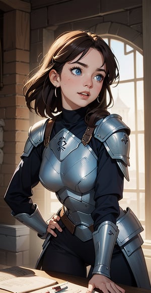 Masterpiece, Top Quality, High Definition, Artistic Composition, art by Simon Bisley and david hamilton, 1girl, An Amused female armored fighter in a dungeon, with Soft Features, Wide Nose and Round Face, Blue eyes, Brown hair, Fair skin, dramatic, fantasy