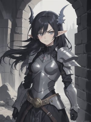 score_9, A Frowning female armored warrior half-elf with Dark Grey eyes, Blue-Black hair, Normal skin, Small Eyes, and Large Teeth, art by luis royo and bill sienkiewicz in a dungeon

