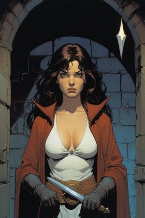 art by Mike Mignola and Moebius: A Frowning female wizard in a dungeon, Small Eyes,  
Brown eyes, Brown hair, Facial Scar,