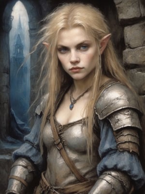 art by luis royo and Brian Froud, A Preoccupied female halfling knight in a dungeon, with Blue eyes, Blonde hair, Normal skin, Facial Scar, Full Lips and Upturned Eyebrows, colorful clothing, oil painting