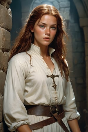 An Aloof female cleric human with Green eyes, Brown hair, Tanned skin, Freckles, and Narrow Eyes, art by david hamilton and jock sturges in a dungeon
