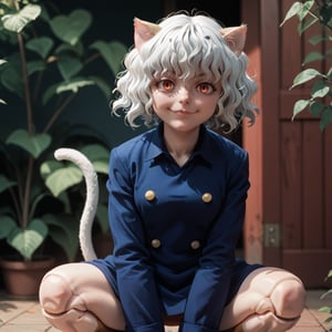 score_9, score_8_up, score_7_up, source_anime, 1girl, hxhpitou, narrowed eyes, smug, white hair, short hair, wavy hair, cat ears, cat tail, squatting, ready to pounce, doll joints