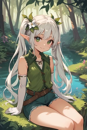 score_9, score_8_up, score_7_up, source_anime, theme: fantasy, 1girl, solo, loli, twintails, long hair, elf, pointy ears, blone hair, flower hair ornament, smile, sitting, vest, sleeveless, elbow gloves, shorts, belt, outdoor, forrest, lush, greenery, lake,