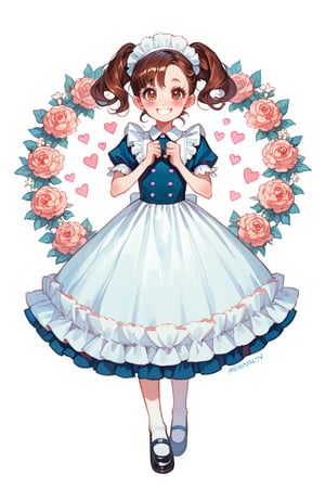 score_9, score_8_up, score_7_up, 1girl, cute girl, loli. White background. she wears a fancy maid uniform, long brown hair. full body character. masterpiece. she is happy, smiling. Himecut hairstyle, masterpiece, hearts on the sides. loooking at viewer. Blush, tender smile.