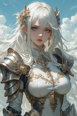 score_9, score_8_up, score_7_up, extreme detail, 1girl, white hair, long hair, blue eyes, armor, hair ornament,