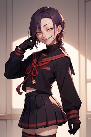 score_9, score_8_up, score_7_up, volumetric_lighting, high quality, chikujoin magane, sharp teeth, single braid, hair bell, solo, smug, teasing, school uniform, black serafuku, black shirt, long sleeves, black gloves, black skirt, black thighhighs, earrings, standing, contraposso