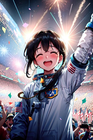 Show the astronaut hero standing on Earth surrounded by cheering crowds and celebration. The background should be festive, with confetti and banners. The astronaut, a woman, should have an expression of overwhelming emotion, with tears of joy streaming down her face, capturing a moment of pride, humility, and deep emotional release.