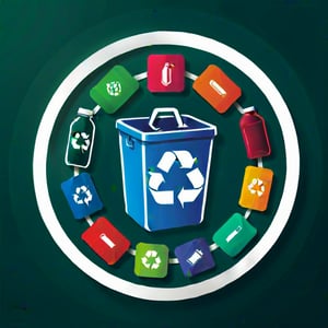 A vibrant logo for a recycling bin, featuring a circular design with interlocking icons representing various recyclables: a sheet of paper, a soda can, a plastic bottle, a plastic bag, a glass bottle, and a beverage carton. The icons are brightly colored and arranged in a dynamic, clockwise motion, suggesting movement and recycling. The background is a gradient of green and blue, symbolizing environmental harmony. The logo is framed to fit a circular sticker, with a clean, white border for clarity and visibility on the recycling bin.
