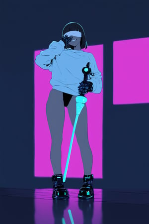 cyberpunk, technology city wallpaper, retro colored lights, kaos, glowing scepter, bright, neon lights, reflections, sparkles, 1 girls, slim, sensual, sexy, short straight dark hair, white blindfold covering her eyes, perfect smile, mechanical hands, mechanical short white sweatshirt, very tight black swimsuit, large black mechanical shoes, luminescent, standing, sensual position, suggestive, provocative, sexual, sexy, lover, strong abs

