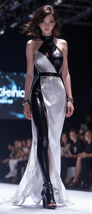 a anime style model doing ramp walk in white and black slit dress, looking beautiful, there's only light on the platform, she's very beautiful, wearing heels and bracelet in her hand, stylish haircut, and there's a board on the top there's written " DA Fashion Week "