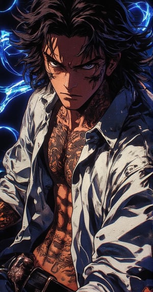 A highly detailed and realistic portrait of a young man with intricate tattoos covering his arms and torso. His expression is intense and focused, with striking eyes and facial details. His dark hair is styled curvey, with loose strands framing his face. He wears a white shirt with some rolled-up sleeves, revealing his tattoos. The background is bold and vibrant black with glowing blue patterns on the wall, enhancing the overall dramatic effect. 