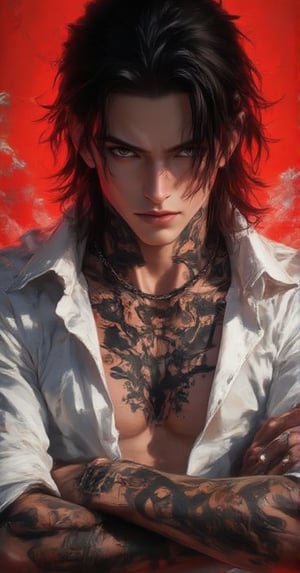 A highly detailed and realistic portrait of a young man with intricate tattoos covering his arms and torso. His expression is intense and focused, with striking eyes and facial details. His dark hair is styled curvey, with loose strands framing his face. He wears a white shirt with some rolled-up sleeves, revealing his tattoos. The background is bold and vibrant red, enhancing the overall dramatic effect. 