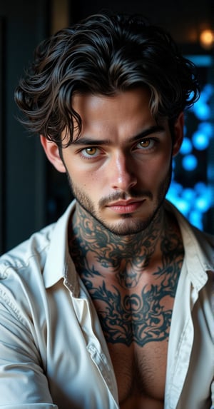 A highly detailed and realistic portrait of a young man with intricate tattoos covering his arms and torso. His expression is intense and focused, with striking eyes and facial details. His dark hair is styled curvey, with loose strands framing his face. He wears a white shirt with some rolled-up sleeves, revealing his tattoos. The background is bold and vibrant black with glowing blue patterns on the wall, enhancing the overall dramatic effect. 