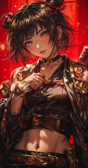 1girl, solo, looking at viewer, black hair, hair ornament, holding, jewelry, upper body, weapon, earrings, choker, midriff, sword, hair bun, holding weapon, crop top, double bun, tattoo, holding sword, katana, sheath, red background, freckles, arm tattoo