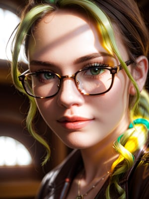 Close-up shot of a stunning redheaded woman wearing glasses, her fiery locks tied back in a ponytail as she sits amidst dusty tomes and leather-bound books within the grandeur of a classic library. Soft, warm lighting casts a flattering glow on her features, highlighting her bright green eyes and delicate nose.