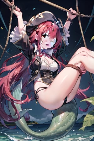 Pirate with long black hair standing over a rope bound mermaid with red hair and green eyes, 