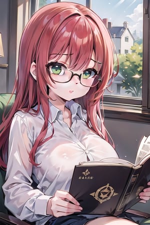 Extreme detail. Redhead, green eyes, glasses, busty, reading , sunlight coming in from window