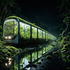 A high-quality hyperrealistic photograph of a futuristic, sleek eco-friendly train with transparent glass carriages filled with vibrant green plants, traveling through a shadowy dark tropical jungle during a dark black night with a dark black starry sky, dark shadowy areas, and no light, zero light, surrounded by diverse flora, a clear river reflecting train light, an ancient broken building covered in moss hidden within the jungle, and ancient broken pillars covered in moss around the jungle, with bad weather. The scene is captured in a super zoom close up view, on ground shot, hyperrealistic, midjourney realistic, photography, hyperdetailed, clear hyperdetailed background, 8k, ultra clear resolution, perfect composition, hyperrealistic texture. eco-friendly train, hyperrealistic,