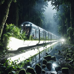 A high-quality hyperrealistic photograph of a futuristic, sleek eco-friendly train with transparent glass carriages filled with vibrant green plants, traveling through a shadowy dark tropical jungle during a dark black night with a dark black starry sky, dark shadowy areas, and no light, zero light, surrounded by diverse flora, a clear river reflecting train light, an ancient broken building covered in moss hidden within the jungle, and ancient broken pillars covered in moss around the jungle, with bad weather. The scene is captured in a super zoom close up view, on ground shot, hyperrealistic, midjourney realistic, photography, hyperdetailed, clear hyperdetailed background, 8k, ultra clear resolution, perfect composition, hyperrealistic texture. eco-friendly train, hyperrealistic,