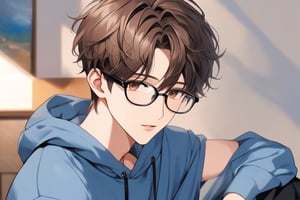 masterpiece, 20-year-old, hot guy, brown hair, black glasses, short hair, brown eyes, anime style, wearing blue hoodie, 