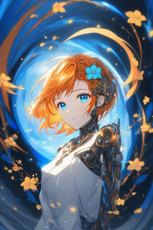 Anime style, female, orange hair, flower_hair_ornament, blue eyes, short-hair, half cyborg