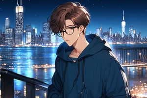 masterpiece, 20-year-old, hot guy, brown hair, black glasses, short hair, brown eyes, anime style, wearing blue hoodie, New York City Background, Night time