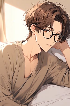 masterpiece, 20-year-old, hot guy, brown hair, black glasses, short hair, brown eyes, anime style, On bed