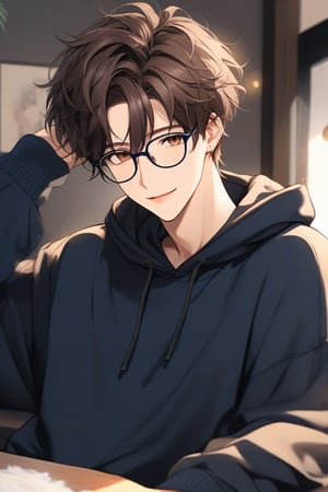 masterpiece, 20-year-old, hot guy, brown hair, black glasses, short hair, brown eyes, anime style, wearing dark blue hoodie, Sweet smile, Black choker 