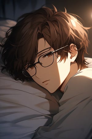 masterpiece, 20-year-old, hot guy, brown hair, black glasses, short hair, brown eyes, anime style, On bed, laying on his left side, sad, low lighting