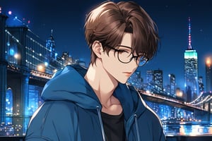 masterpiece, 20-year-old, hot guy, brown hair, black glasses, short hair, brown eyes, anime style, wearing blue hoodie, New York City Background, Night time