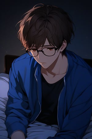 masterpiece, 20-year-old, hot guy, brown hair, black glasses, short hair, brown eyes, anime style, blue jacket, sad, on bed on his sid, low lighting