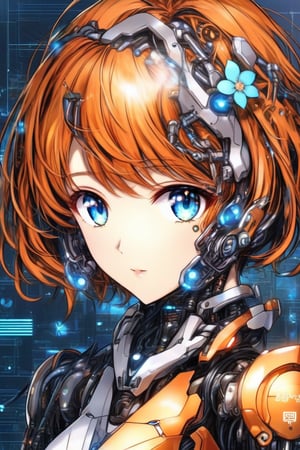 Anime style, female, orange hair, flower_hair_ornament, blue eyes, short-hair, cyborg