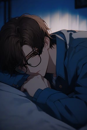 masterpiece, 20-year-old, hot guy, brown hair, black glasses, short hair, brown eyes, anime style, blue jacket, sad, laying down on bed on his sid, low lighting