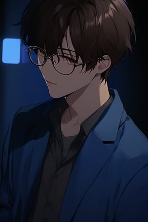 masterpiece, 20-year-old, hot guy, brown hair, black glasses, short hair, brown eyes, anime style, blue jacket, sad, low lighting