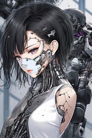 Anime style, female, cyborg, broken cyborg, human/machine, piece of face missing, parts of skin missing, black hair, silver eyes