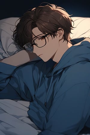 masterpiece, 20-year-old, hot guy, brown hair, black glasses, short hair, brown eyes, anime style, wearing blue hoodie, On bed, laying on his left side, sad, low lighting