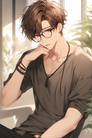 masterpiece, 20-year-old, hot guy, brown hair, black glasses, short hair, brown eyes, anime style, choker, bracelets,