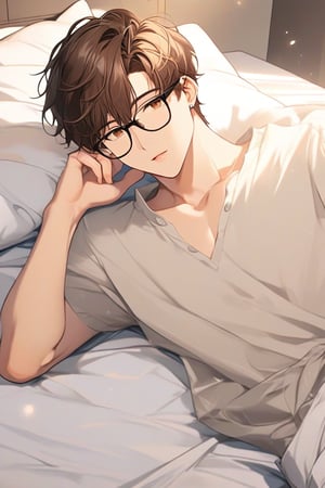 masterpiece, 20-year-old, hot guy, brown hair, black glasses, short hair, brown eyes, anime style, On bed