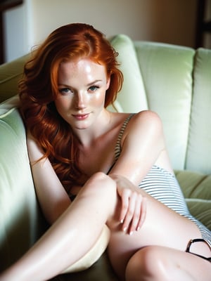 A warm afternoon glow illuminates the redhead's features as she lounges on a plush sofa. Her legs are elegantly splayed, knees slightly bent, showcasing her delicate feet adorned with a subtle pedicure. The soft light accentuates the subtle freckles scattered across her cheeks and nose, adding to her natural beauty.