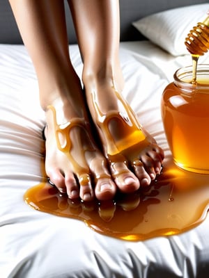 A womans foot rested on a bed drizzled in honey