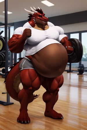 Male Muscular dark red brown dragon, at a gym, (post vore belly), (lifting weights), (digestion vore), (dark brown belly), (dragon) (wearing grey shorts and a white shirt) (bigger gut), (bigger muscles)