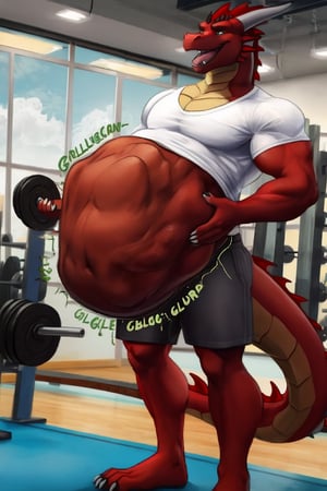 Male Muscular dark brown dragon, at a gym, (vore belly), (lifting weights), (digestion vore), (dark belly), (unwilling prey), (dragon) (wearing grey shorts and a white shirt) (belching)