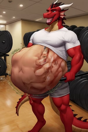 Male Muscular dark brown dragon, at a gym, (vore belly), (lifting weights), (digestion vore), (dark belly), (unwilling prey), (dragon) (wearing grey shorts and a white shirt) (belching)