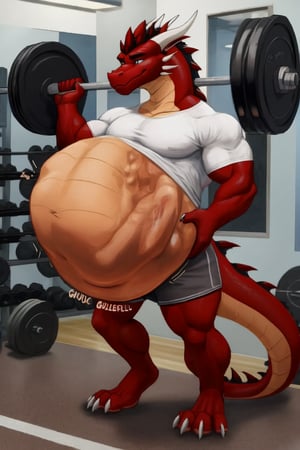 Male Muscular dark brown dragon, at a gym, (vore belly), (lifting weights), (endo vore), (dark belly), (willing prey), (dragon) (wearing grey shorts and a white shirt) (soft vore)